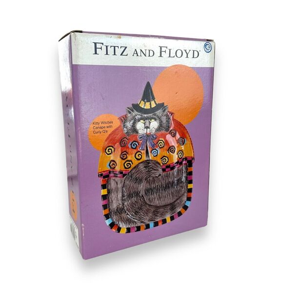 Fitz & Floyd Ceramic Canape Tray Kitty Witches Curly Qs Cat Plate Halloween New - Picture 8 of 14
